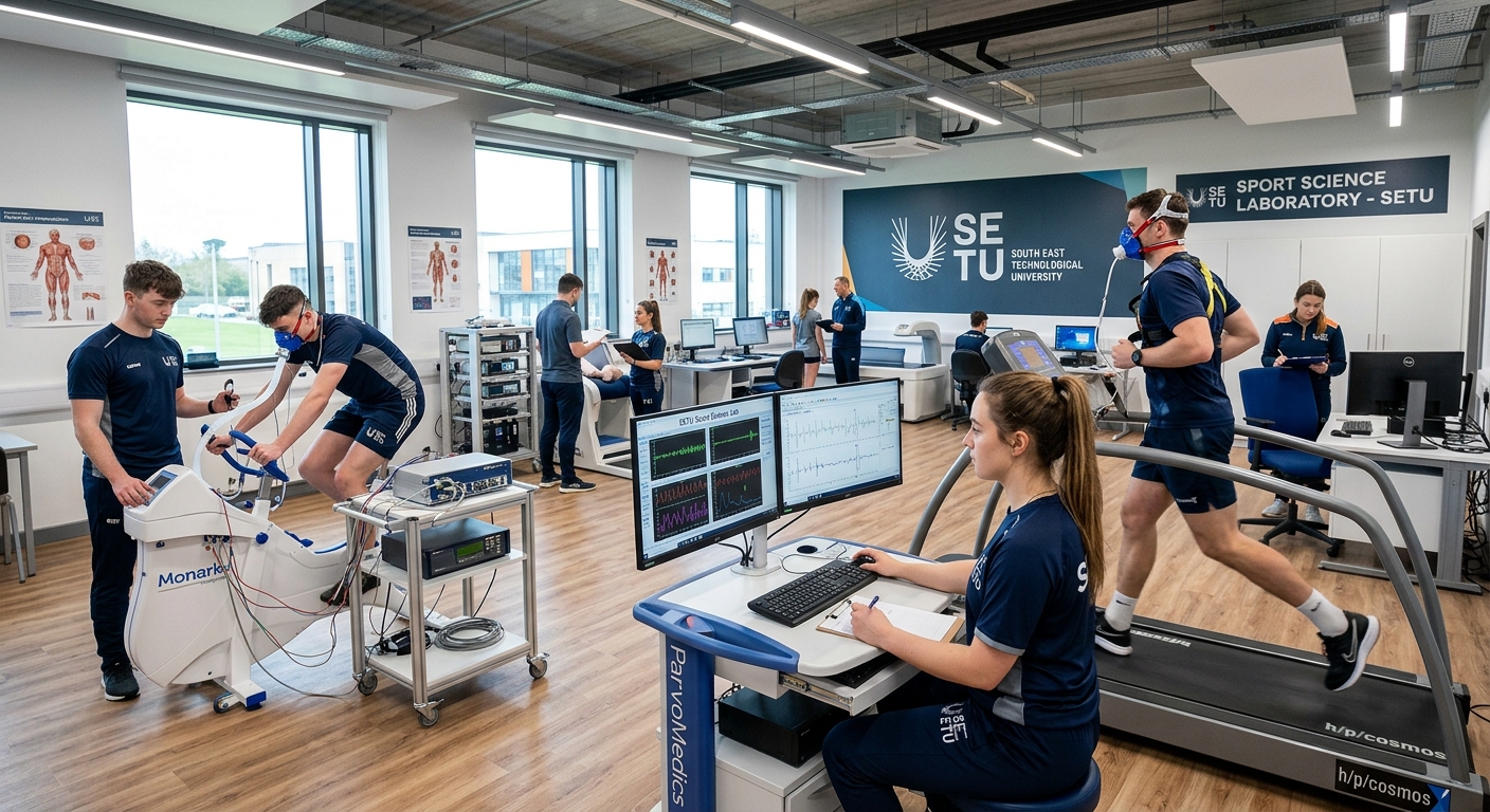 Modern sport science laboratory at South East Technological University campus in Ireland, students conducting physiological testing with exercise equipment, bright lighting and professional atmosphere