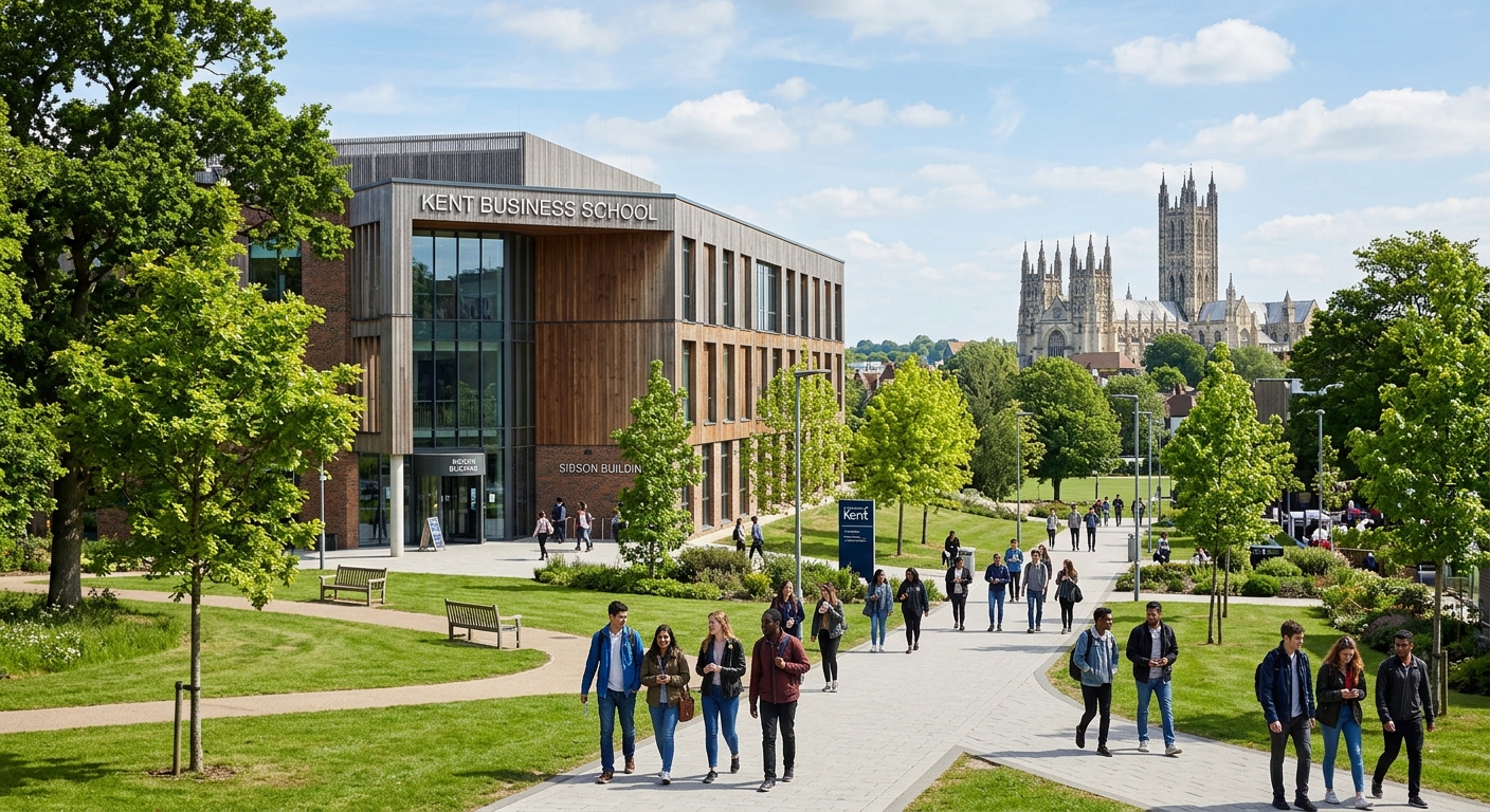 University of Kent Canterbury campus with modern Sibson building housing Kent Business School, green parkland setting with Canterbury Cathedral visible in the background, students walking along pathways on a sunny day