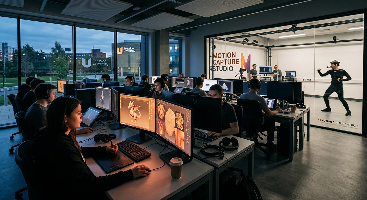 Modern university computer lab with dual-screen workstations, students creating 3D digital art assets, motion capture studio visible through glass walls, Teesside University campus in Middlesbrough, dramatic lighting on digital sculpting screens