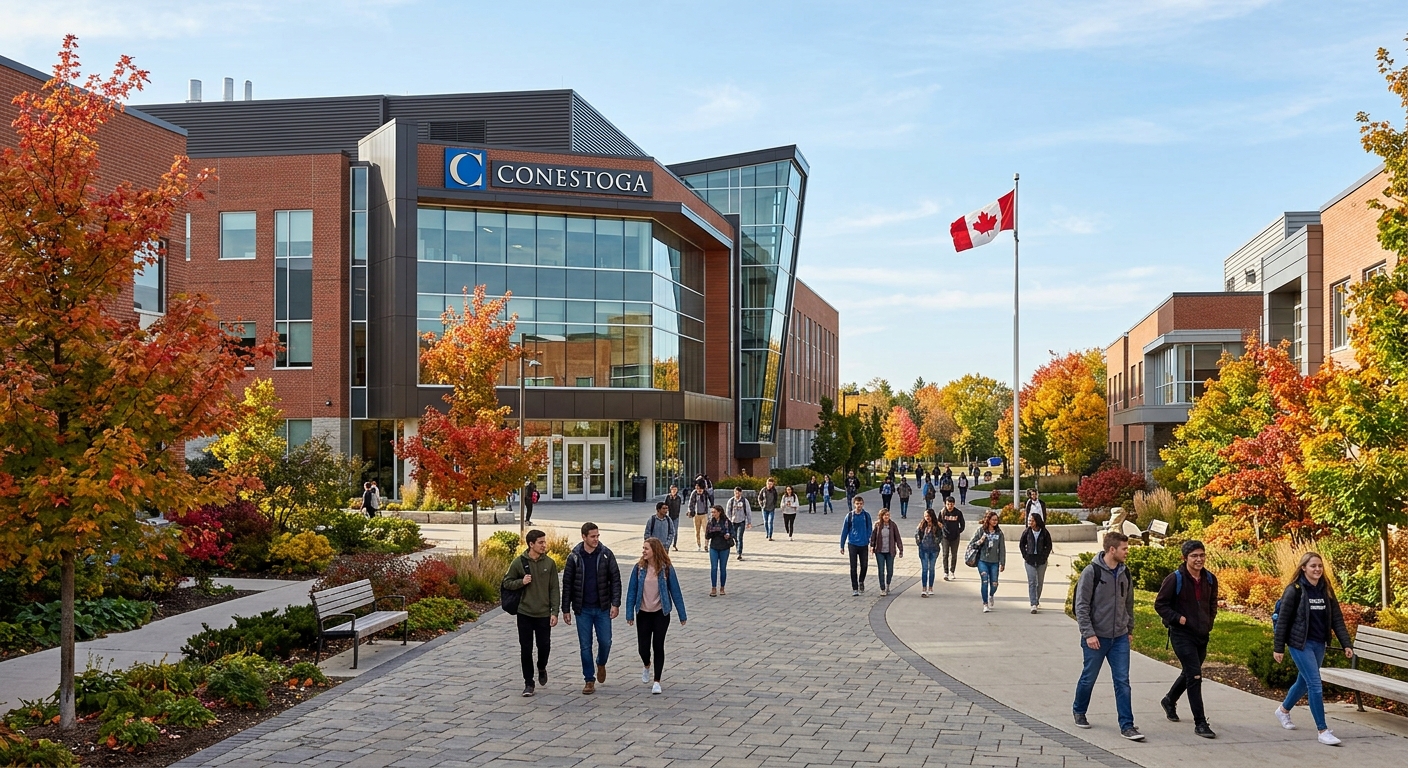 Modern college campus building at Conestoga College in Kitchener Ontario, students walking along pathways between brick buildings, green landscaped grounds, Canadian flag visible, bright autumn day