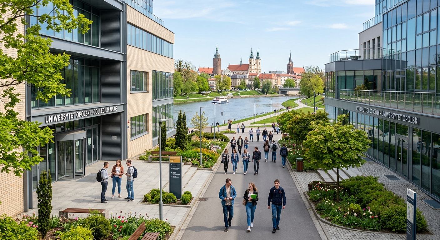 Modern university campus building in Opole Poland with students walking between two contemporary educational buildings, city center backdrop with the Oder River visible, spring atmosphere with green trees
