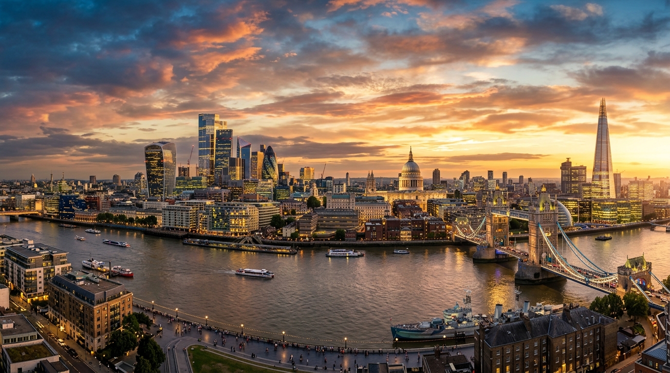 London skyline panorama at golden hour showing the River Thames, Tower Bridge, The Shard, St Paul's Cathedral, and the City of London financial district with dramatic sky