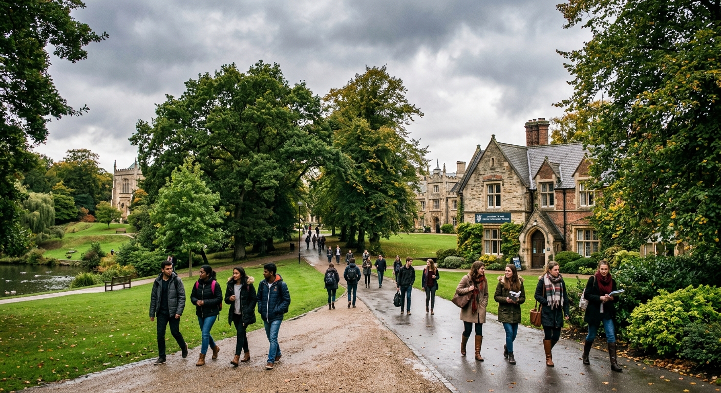 University of York campus with historic buildings and green parkland, students walking along tree-lined paths, Centre for Women's Studies building visible, overcast English sky