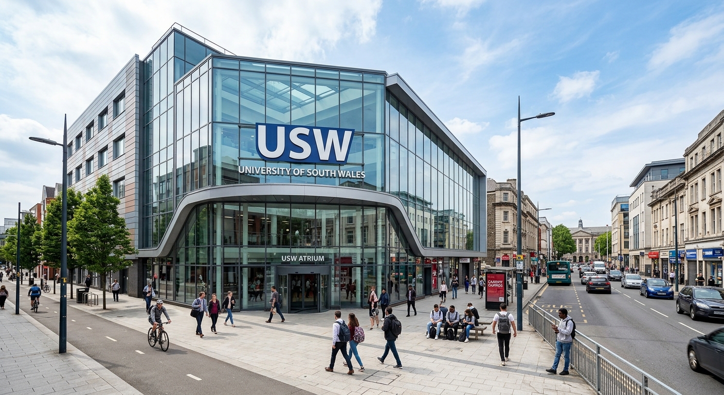 University of South Wales ATRiuM building in Cardiff, modern glass-fronted architecture, urban city centre setting with pedestrians, contemporary university building