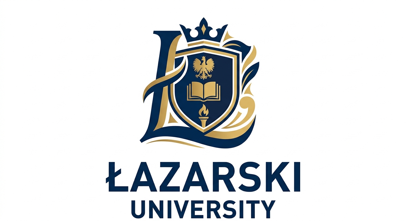 Lazarski University official logo, stylized letter L with academic crest, navy blue and gold color scheme, clean modern design on white background