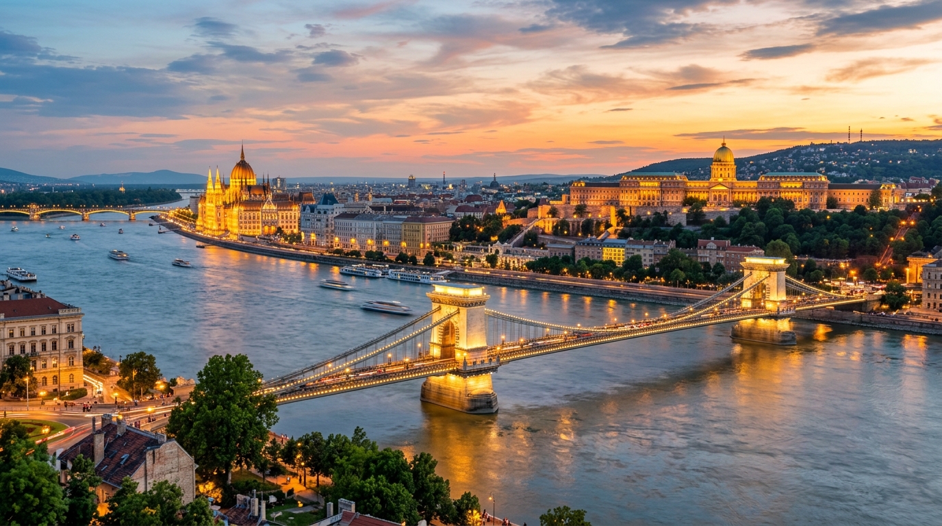 Panoramic view of Budapest Hungary along the Danube River at golden hour, Hungarian Parliament Building illuminated, Chain Bridge connecting Buda and Pest, historic architecture and green hills