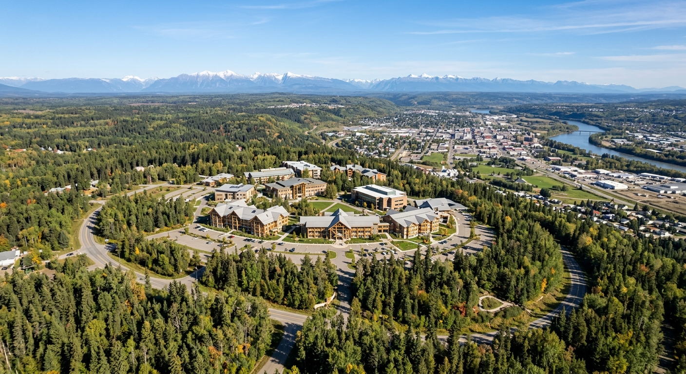 Aerial view of University of Northern British Columbia campus on Cranbrook Hill overlooking Prince George, modern timber-frame buildings surrounded by dense boreal forest, snow-capped mountains in the distance, clear blue sky