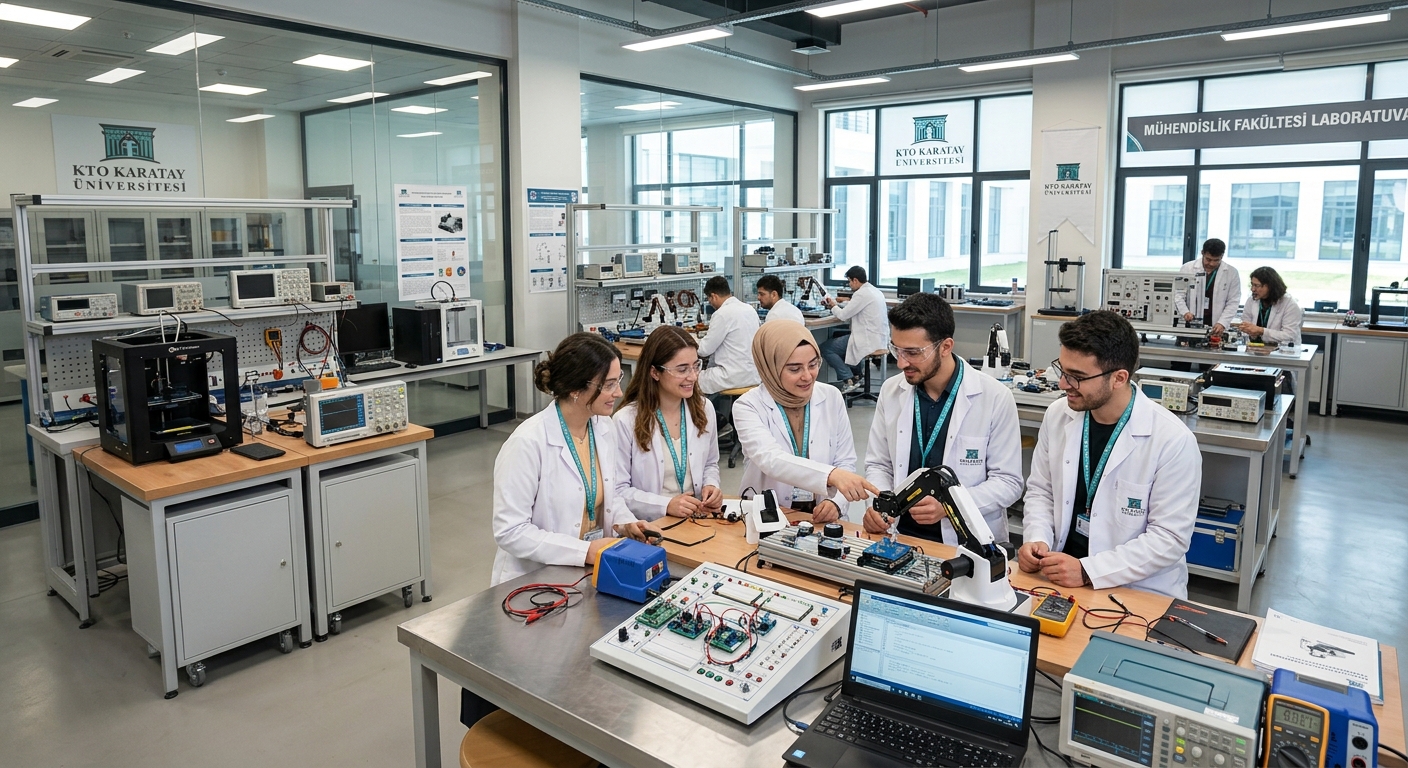 KTO Karatay University state-of-the-art engineering laboratory with modern equipment, students conducting experiments, bright interior lighting