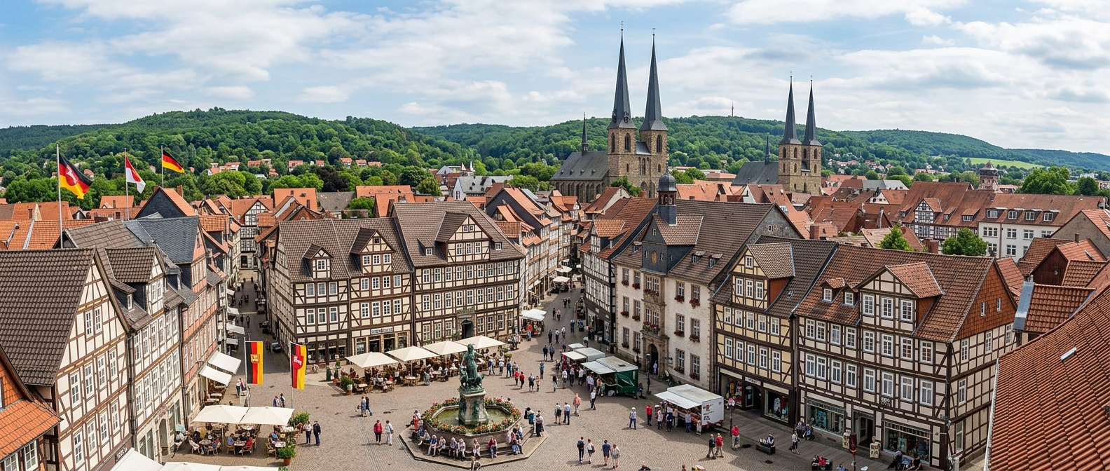 Panoramic view of Göttingen old town, half-timbered medieval houses, Gänseliesel fountain in the market square, church spires, green hills in the background, vibrant European city atmosphere