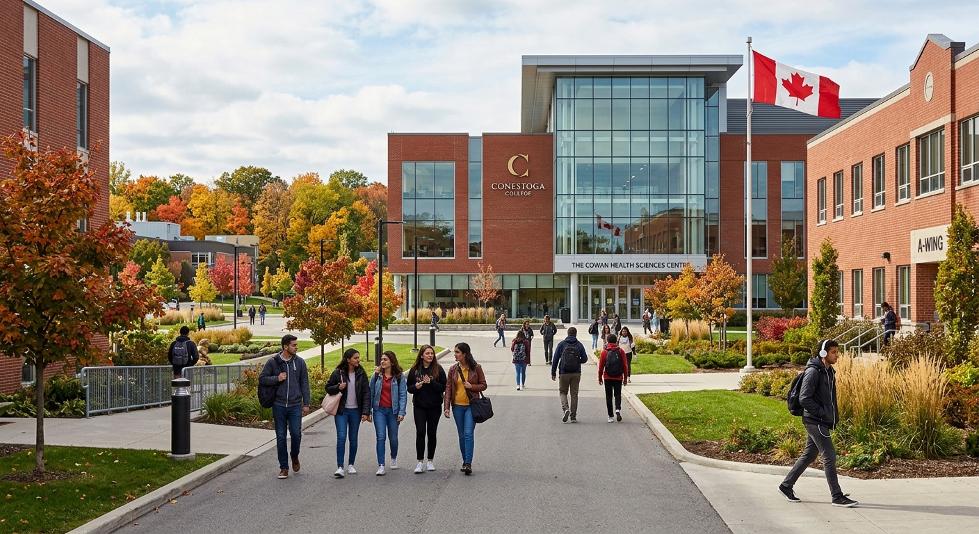 Modern college campus building at Conestoga College Kitchener-Doon campus, students walking along pathways between red-brick buildings, green landscaped grounds, Canadian flag visible, autumn foliage in background
