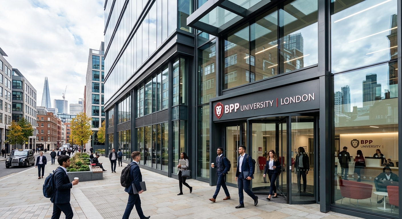 Modern BPP University London campus building with glass facade, professional students walking through the entrance, urban cityscape in the background, contemporary educational architecture