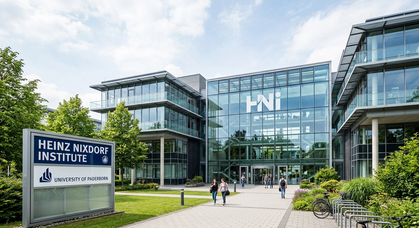 Heinz Nixdorf Institute building exterior at Fuerstenallee campus, modern architecture, glass facade, research centre sign, landscaped surroundings