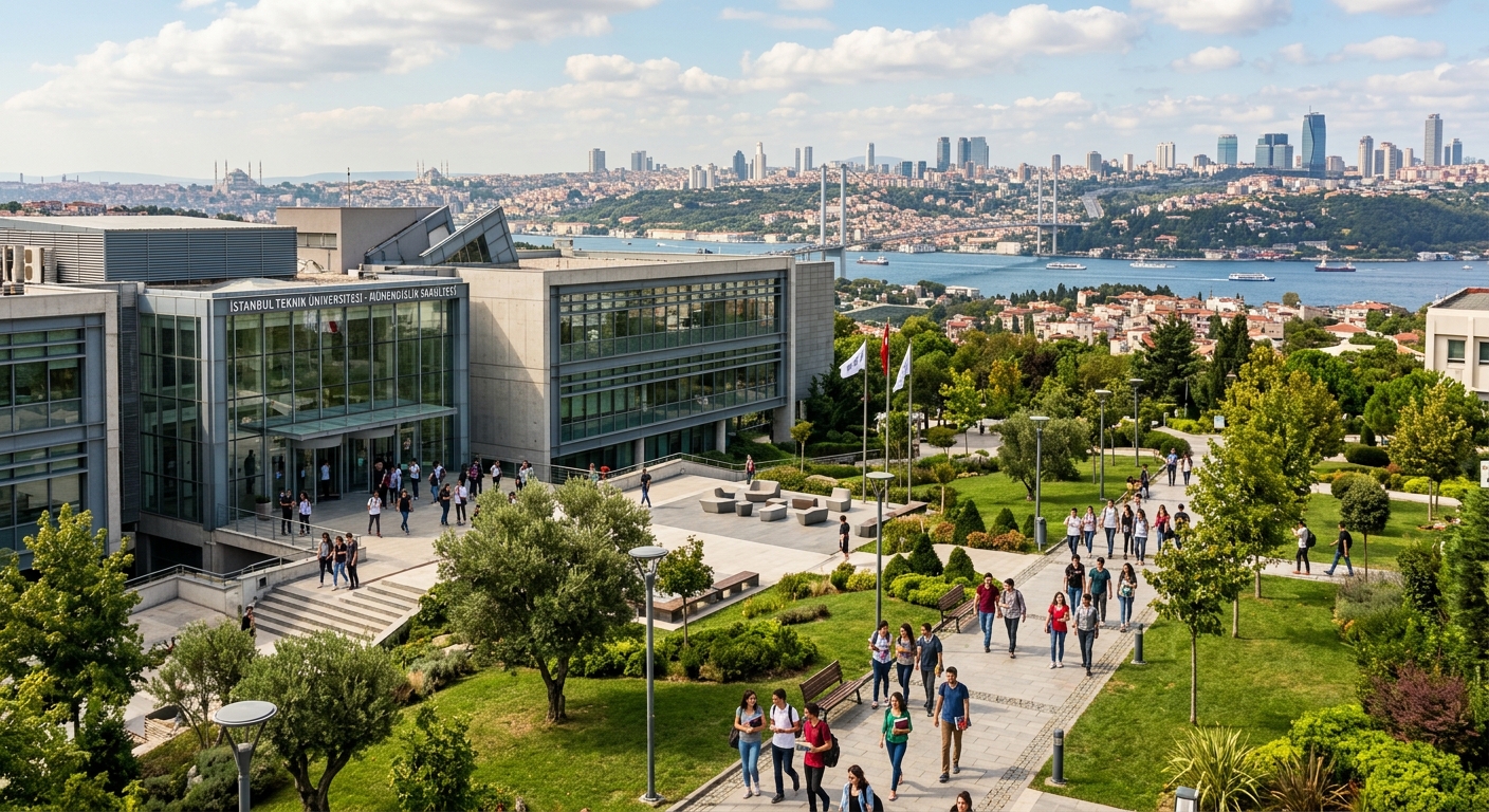 Modern university campus in Istanbul with engineering faculty building, urban skyline in the background, students walking through green pathways, contemporary architecture with glass facades