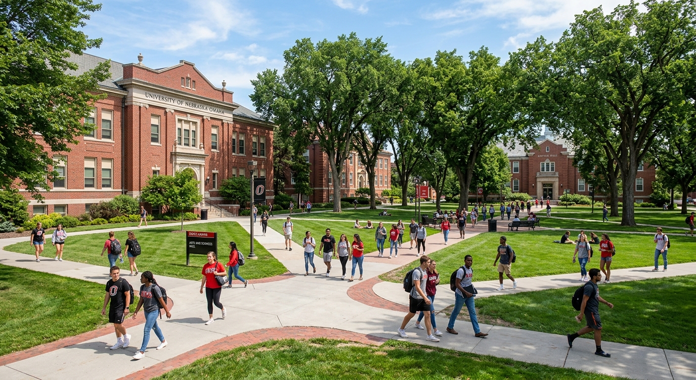 UNO Dodge Campus quad with students walking between red brick academic buildings, green lawns, mature elm trees, sunny day with blue sky