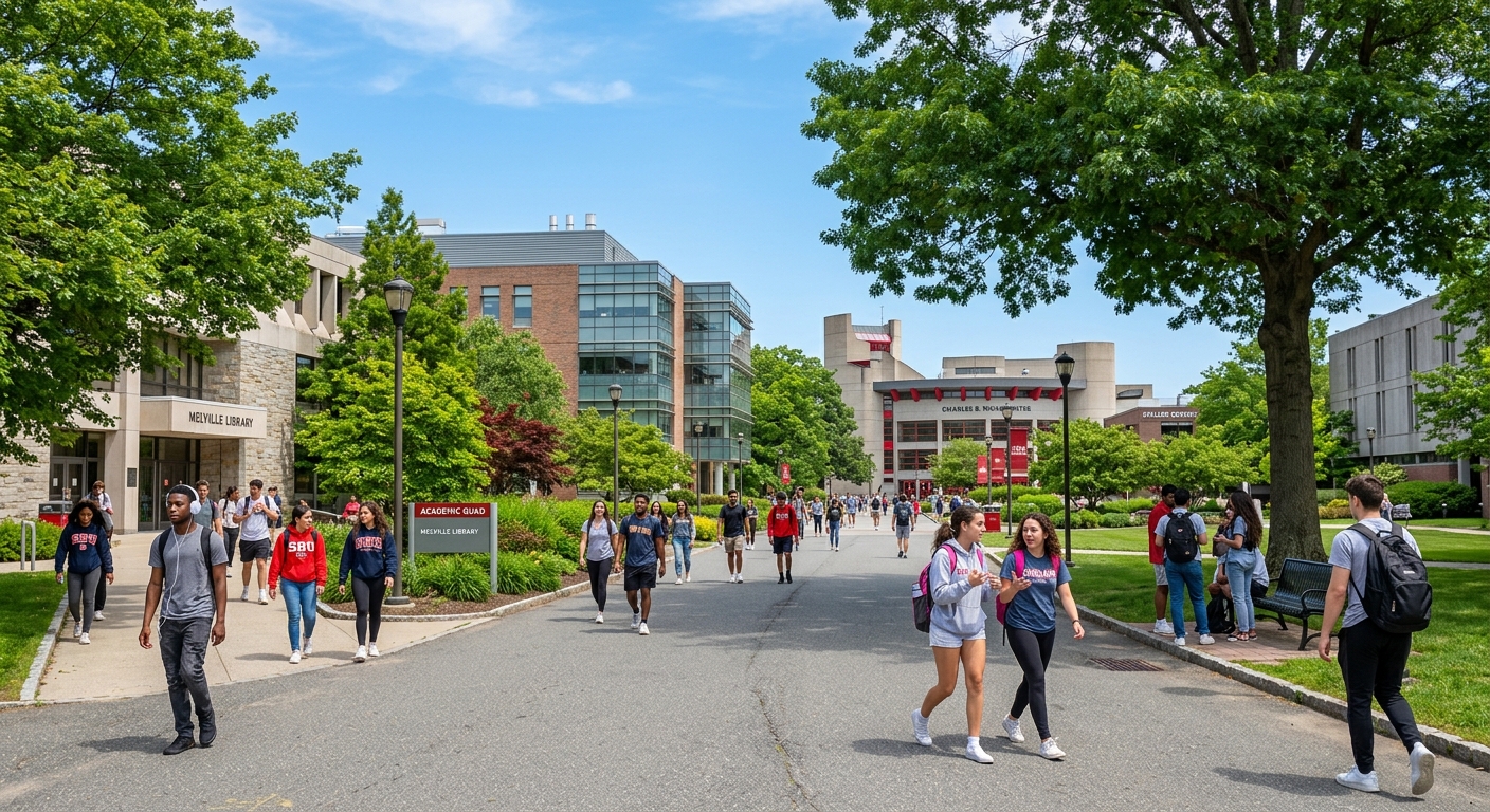 Stony Brook University campus with lush green trees, modern academic buildings, and students walking along pathways on a sunny day in Long Island, New York