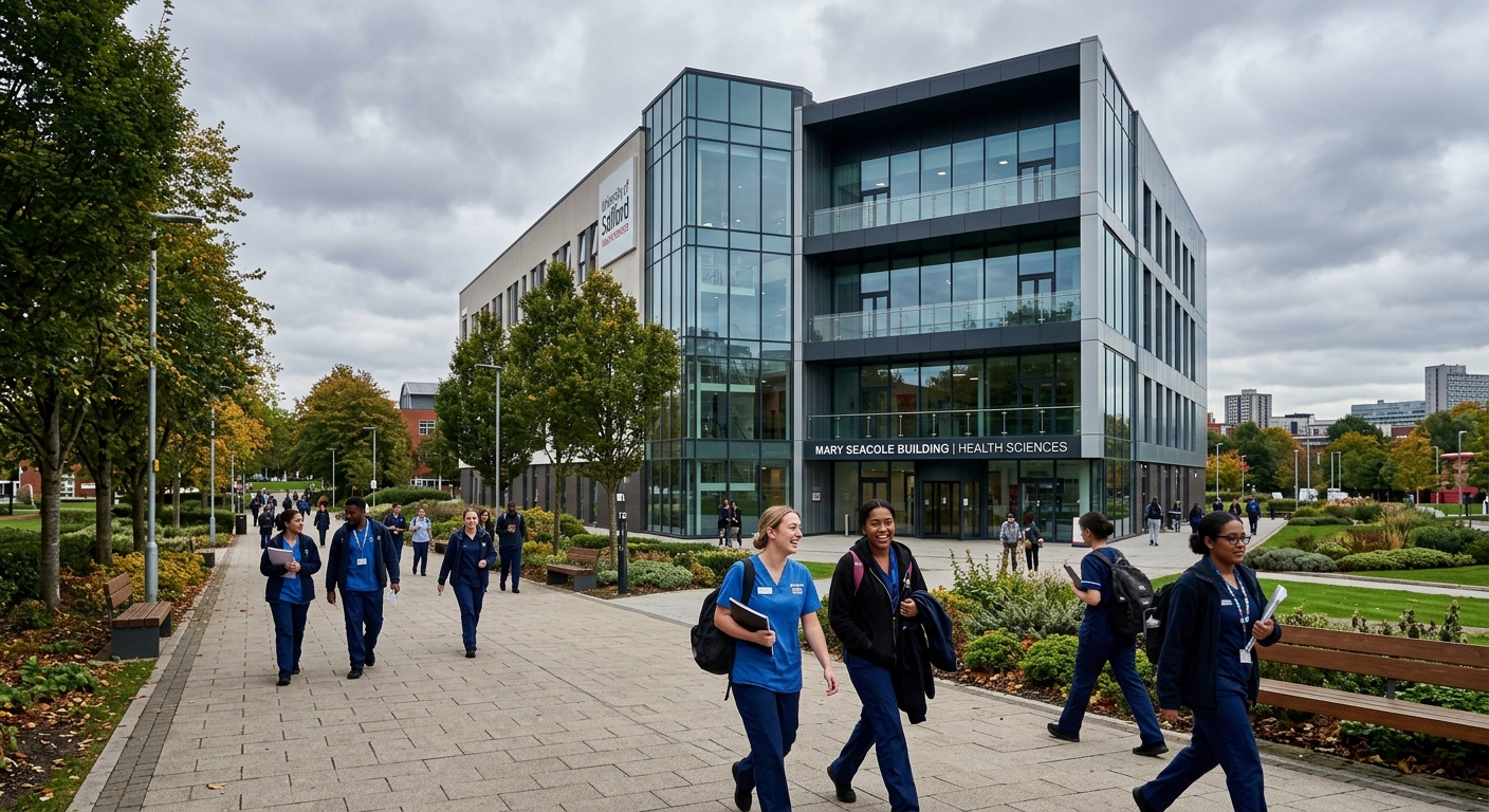 University of Salford campus in Greater Manchester, modern health sciences building with glass facade, nursing students walking along tree-lined paths, overcast British sky
