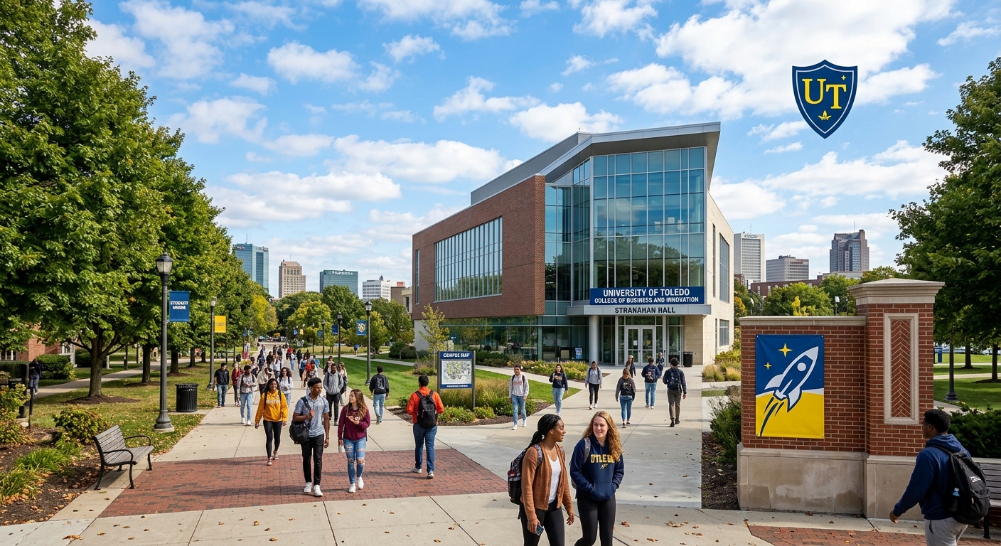 University of Toledo campus with modern College of Business and Innovation building, students walking on tree-lined pathways, blue sky with the iconic UToledo Rocket logo visible, Toledo Ohio urban skyline in background