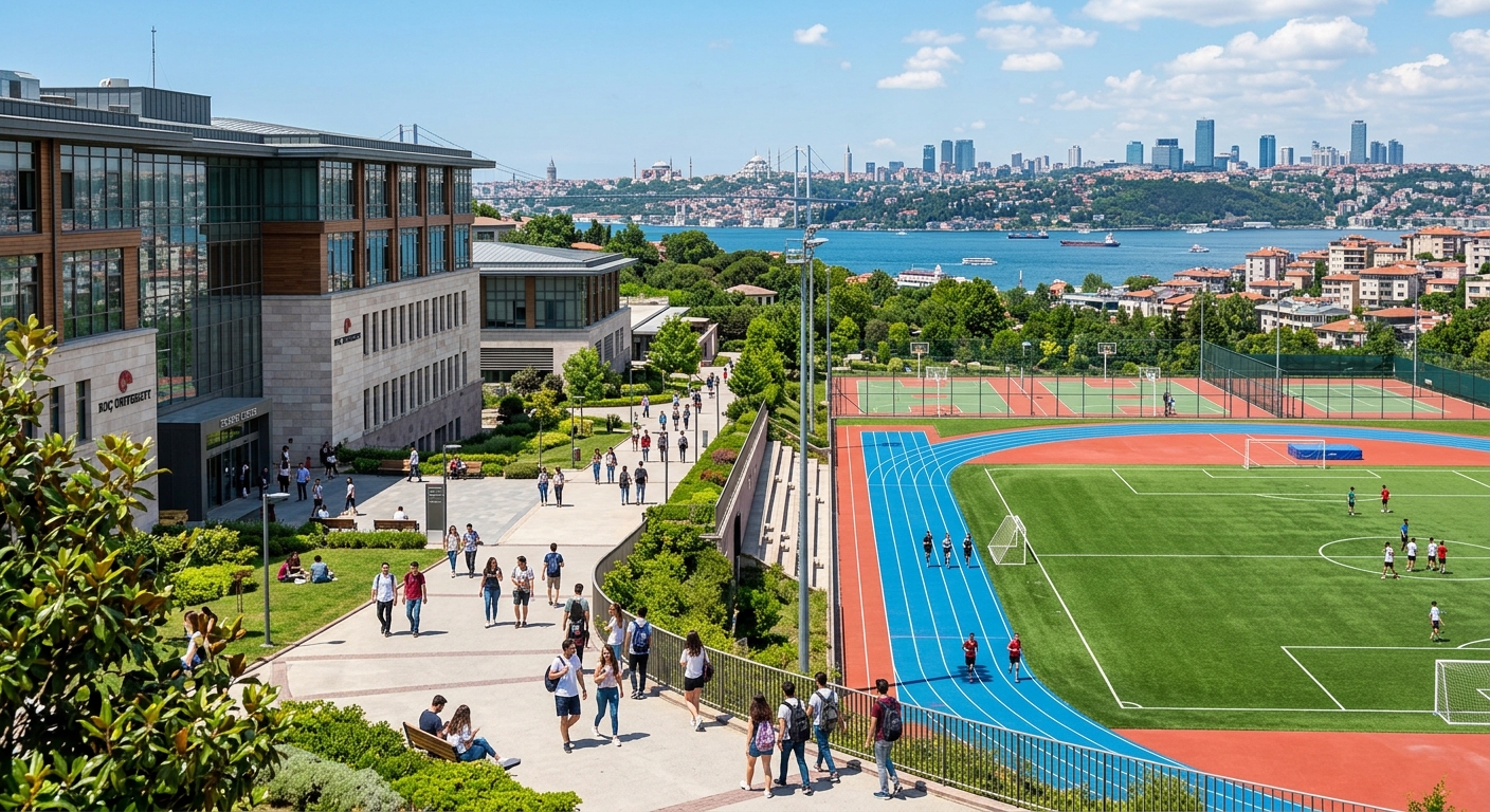 Modern university campus in Istanbul with sports facilities, students walking near a contemporary building, green fields and athletic tracks visible, bright sunny day with the Istanbul skyline in the background