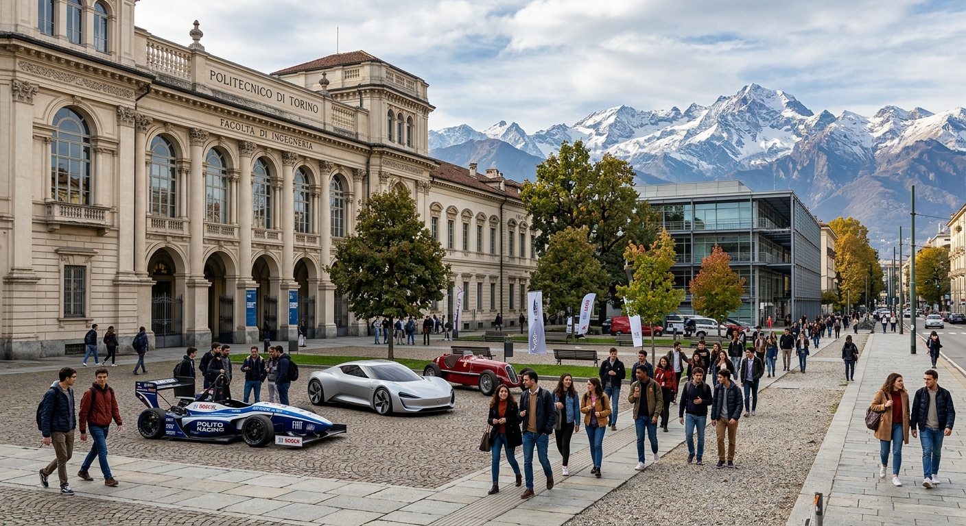 Modern engineering campus of Politecnico di Torino with historic Italian architecture, students walking near the Corso Duca degli Abruzzi building, automotive prototypes displayed in courtyard, Turin Alps visible in background