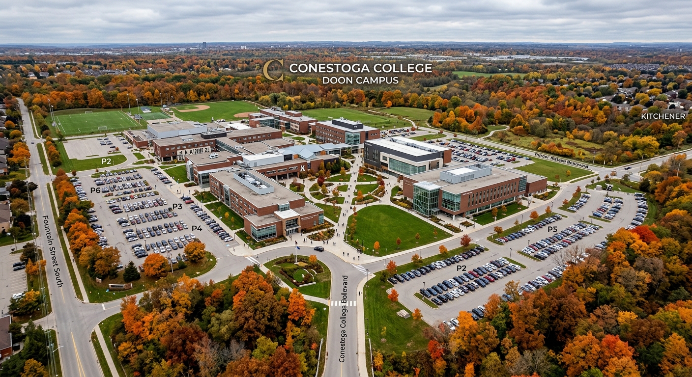 Conestoga College Doon Campus wide aerial view showing modern academic buildings, green lawns, and parking areas surrounded by trees in Kitchener Ontario, overcast sky with autumn foliage