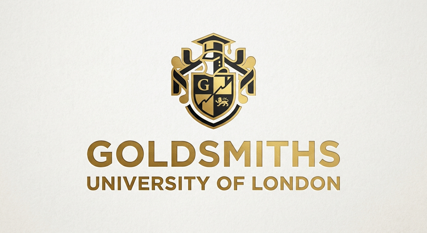 Goldsmiths University of London official logo, gold and black crest with university name in modern typography