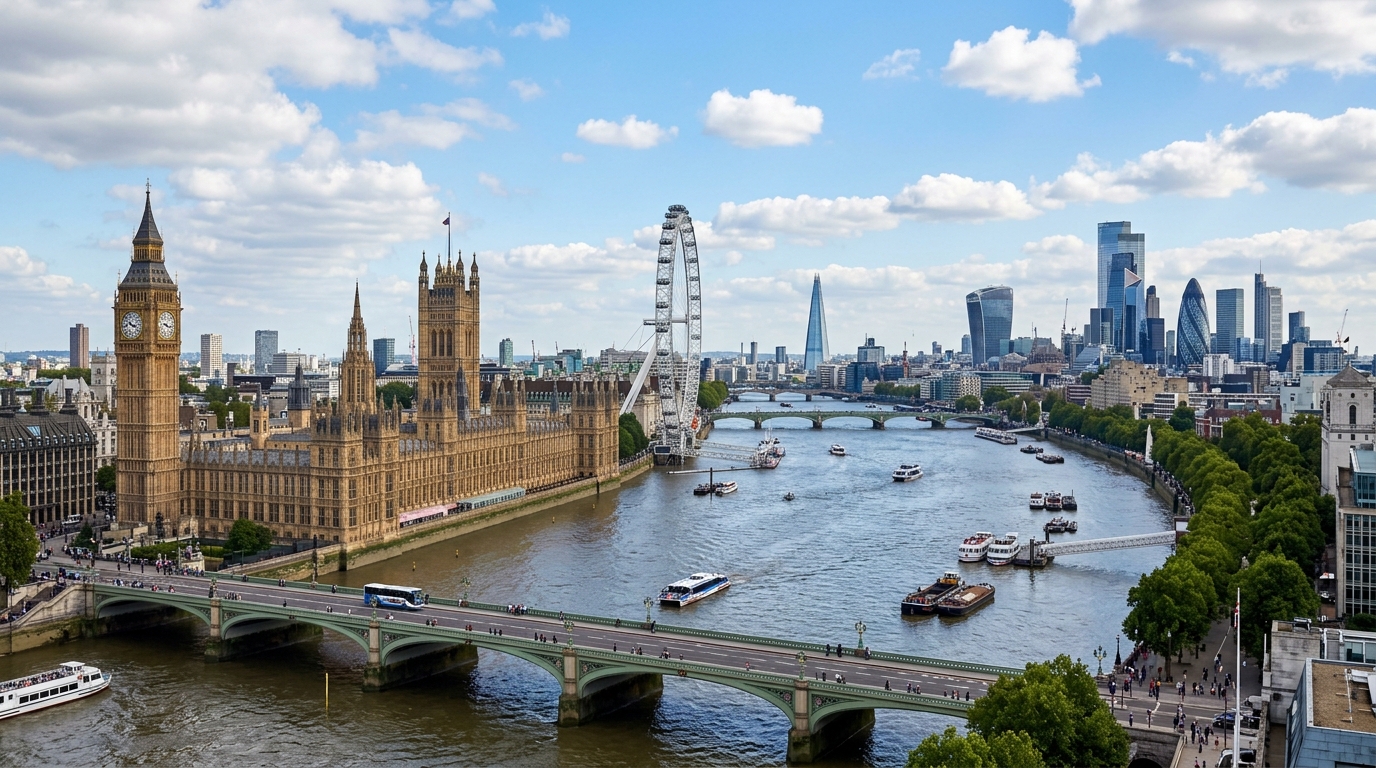 London skyline panoramic view, River Thames, Big Ben and Houses of Parliament, London Eye, modern skyscrapers of the City of London, blue sky with scattered clouds, vibrant urban landscape