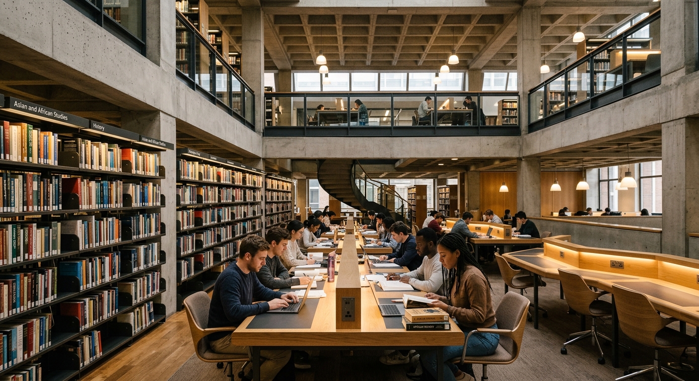 SOAS Library interior, modern study spaces with students reading, tall bookshelves filled with Asian and African studies texts, warm lighting, contemporary design within a brutalist building