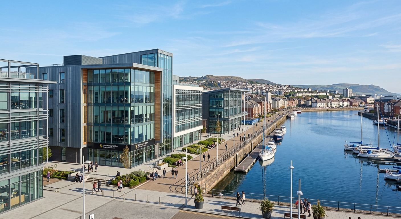 University of Wales Trinity Saint David SA1 Swansea Waterfront campus, modern glass and steel buildings along the waterfront, Welsh coastal city backdrop, clear sky with soft natural light