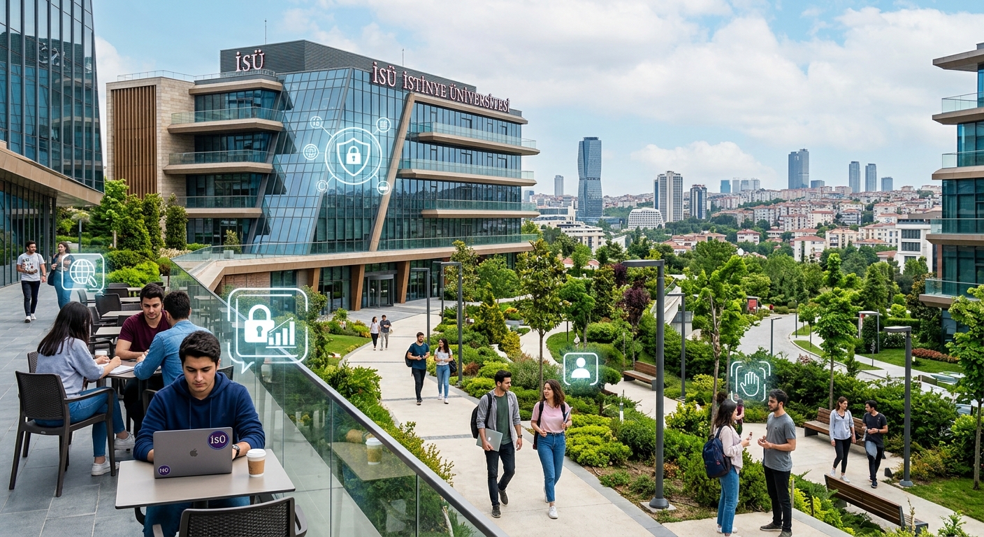 Modern Istinye University campus at Vadi Istanbul, sleek glass buildings surrounded by greenery, students walking along pathways with laptops, Istanbul skyline in the background, digital security icons subtly overlaid