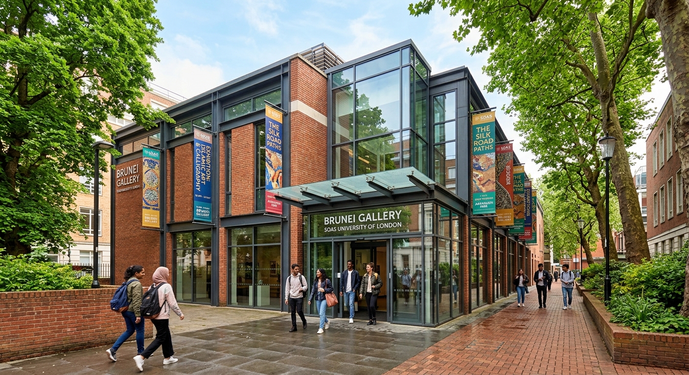 Brunei Gallery at SOAS exterior view, modern glass and brick building, exhibition banners, students entering through the main doors, green trees surrounding