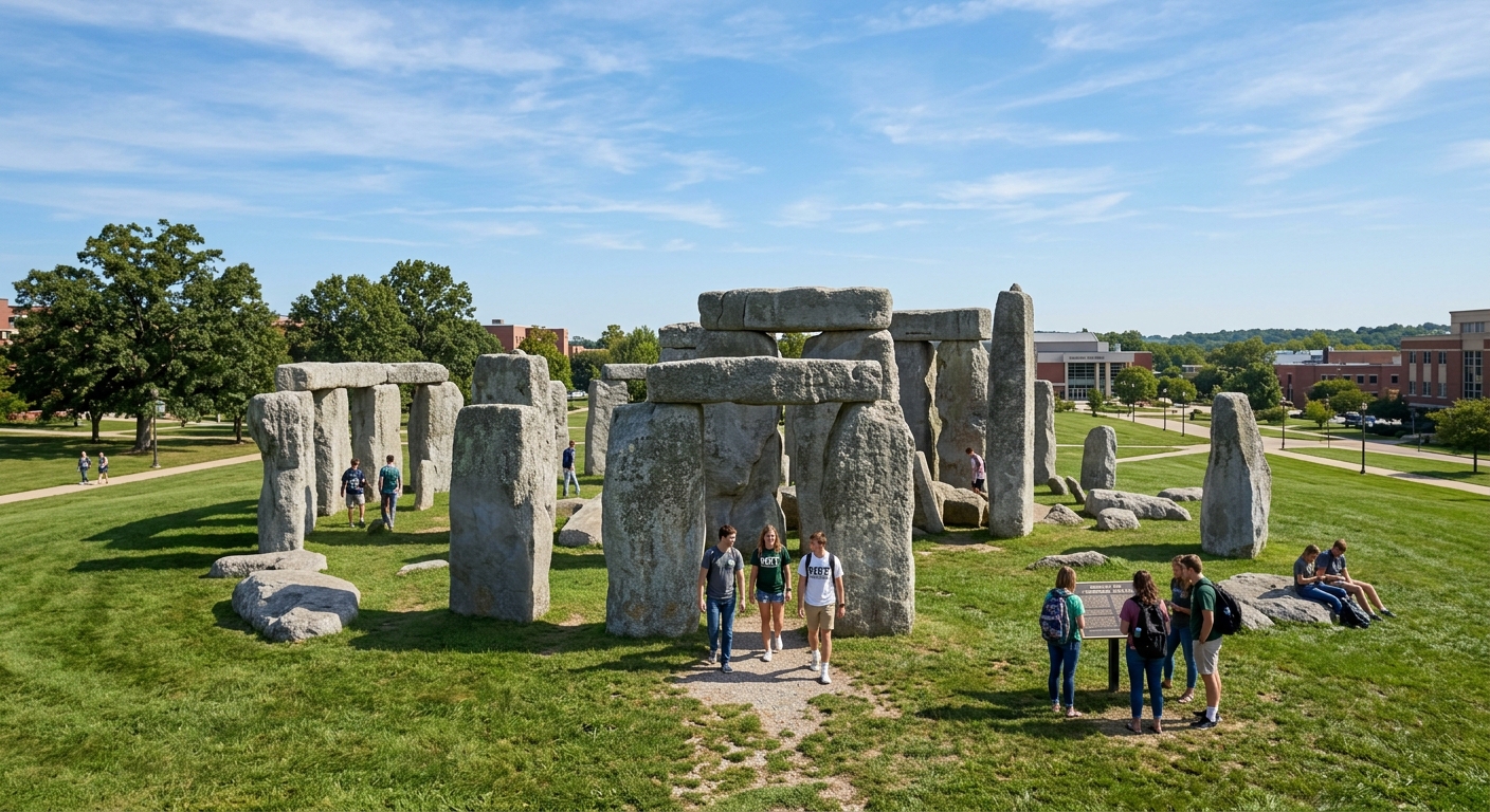 Missouri S&T Stonehenge replica on campus, large granite stone circle, green grass, clear sky, students visiting the monument
