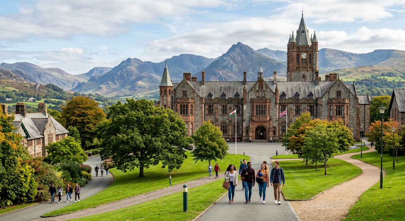 Historic Bangor University Main Arts Building with Victorian architecture, set against the dramatic backdrop of Snowdonia mountains and lush green Welsh landscape, students walking on campus pathways