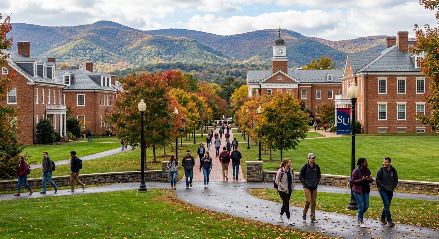 Shenandoah University campus in Winchester Virginia with historic brick buildings, green lawns, Blue Ridge Mountain backdrop, students walking along tree-lined pathways in autumn