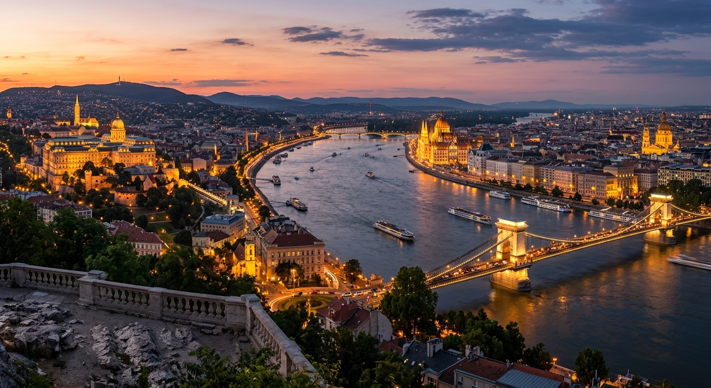 Budapest panoramic cityscape at golden hour, Danube River flowing between Buda and Pest, Hungarian Parliament building illuminated, Chain Bridge, Buda Castle on hill, warm evening light