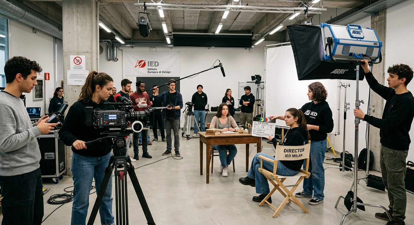 Film production set at IED Milan campus, students operating professional cinema cameras and lighting equipment in a modern studio space, collaborative filmmaking atmosphere with director's chair and clapperboard visible