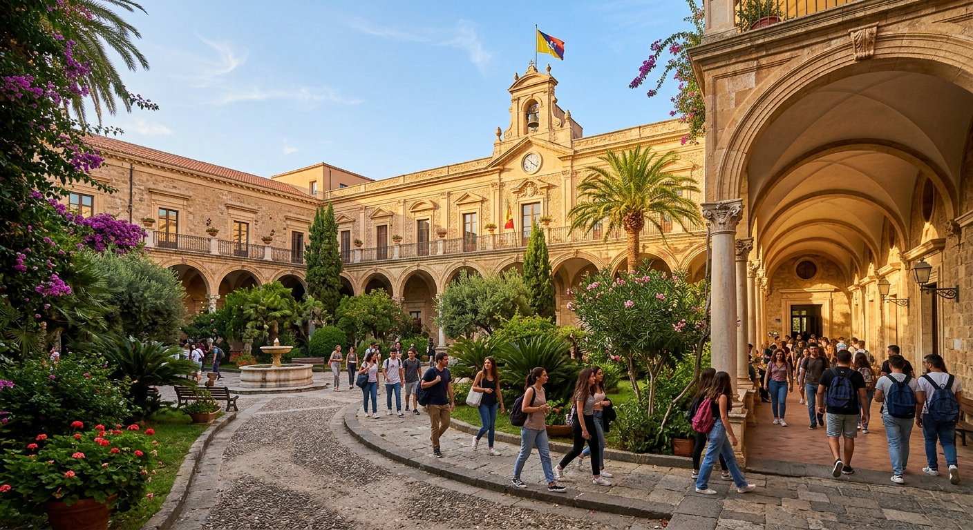 Historic university campus building at the University of Messina Annunziata campus in Sicily, with Mediterranean architecture, lush green courtyard, students walking under arched corridors, warm golden sunlight