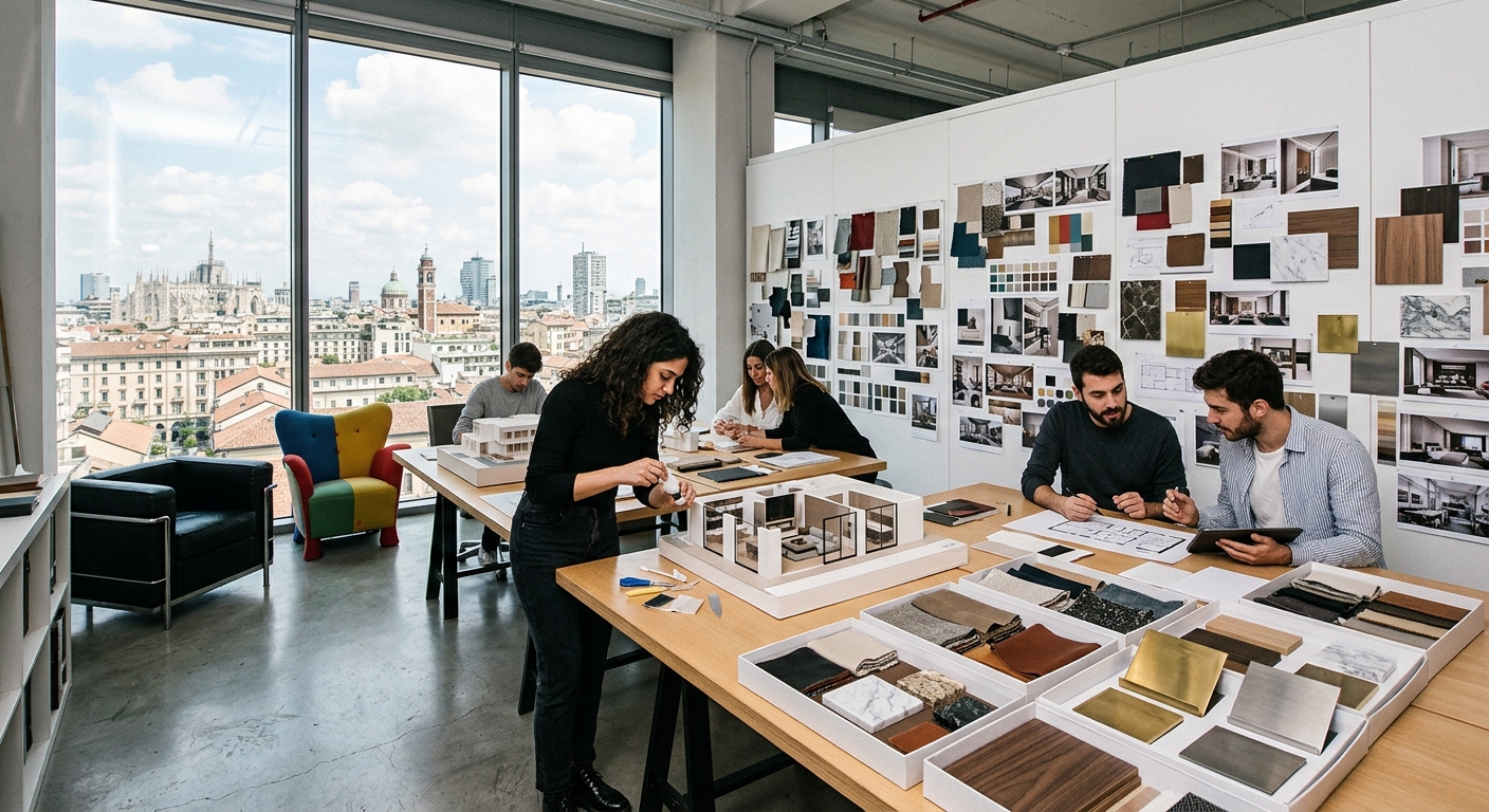 Modern interior design studio at Istituto Marangoni Milano, students working on luxury residential and retail space models, mood boards on walls, Italian design furniture samples, bright contemporary workspace with large windows overlooking Milan cityscape