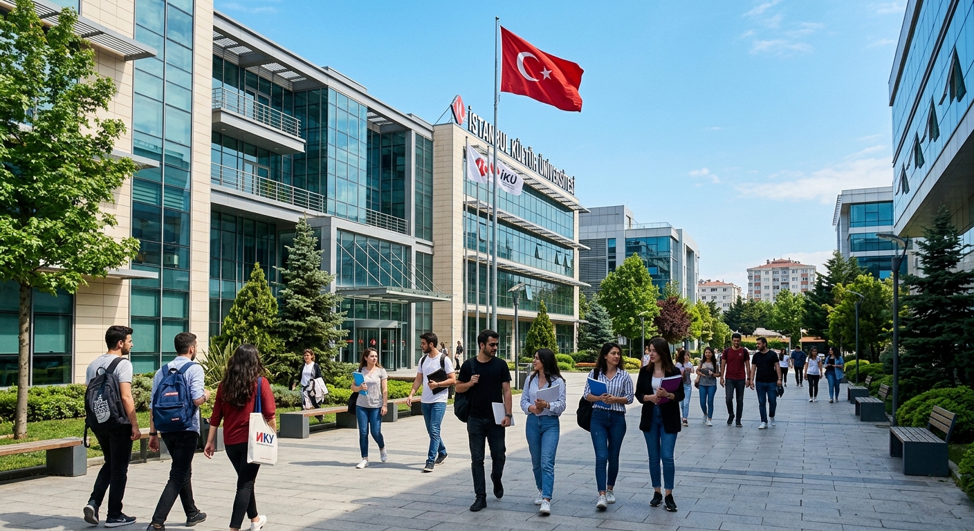 Modern Istanbul Kültür University campus building in Bakırköy Istanbul, graduate students walking through courtyard, contemporary architecture with glass facades, Turkish flag visible, clear sky