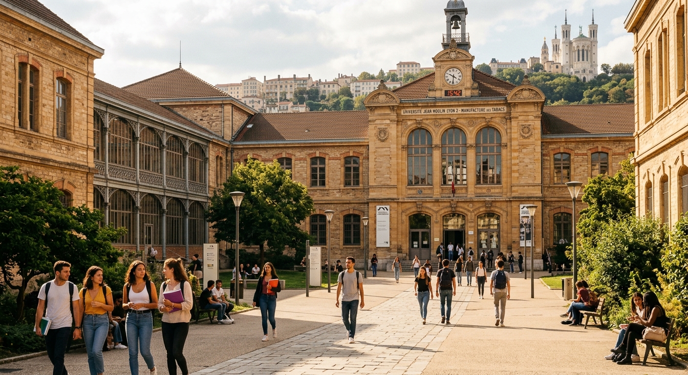Historic Manufacture des Tabacs campus building at Jean Moulin Lyon 3 University, students walking through the courtyard, warm sunlight on sandstone architecture, Lyon cityscape in background