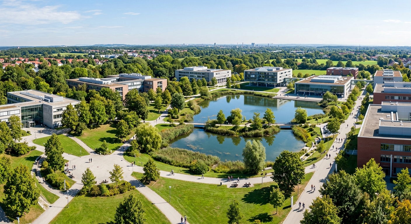 University of Augsburg campus wide-shot, modern buildings surrounded by green parkland and trees, Uni-See pond visible, Bavarian suburban setting with clear sky