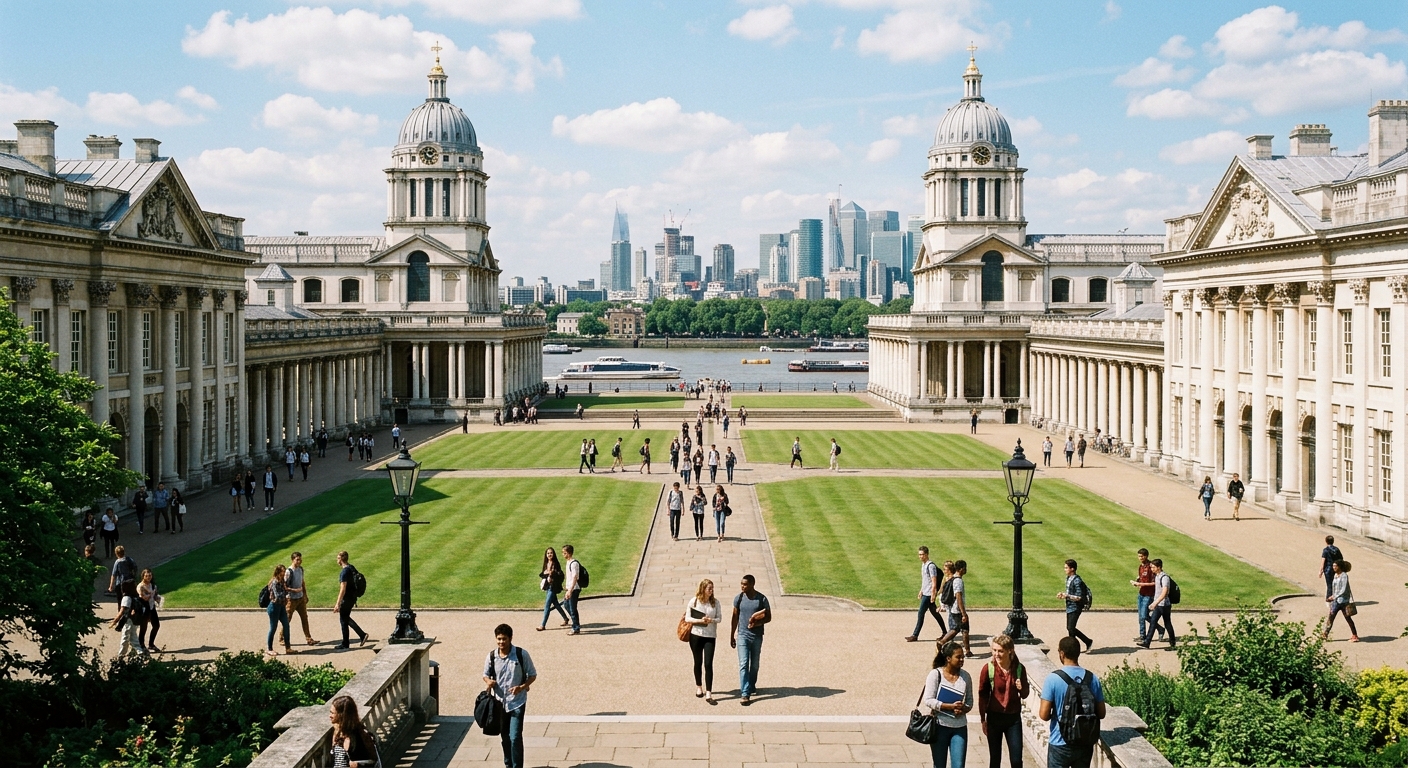 Historic Old Royal Naval College campus of the University of Greenwich along the River Thames, featuring baroque architecture, green lawns, and students walking through the grand courtyard on a sunny day in London