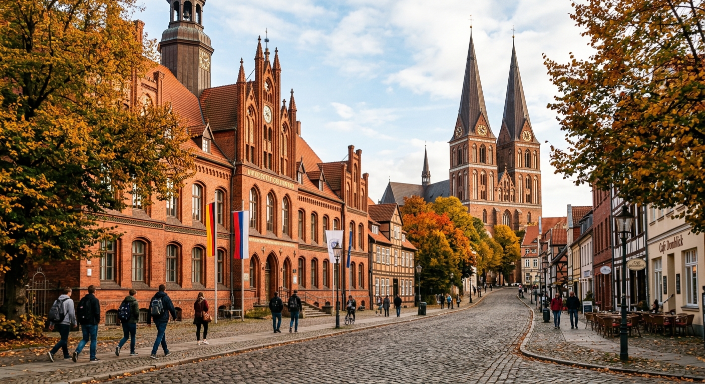University of Greifswald historic red-brick campus buildings with St. Nikolai Cathedral spires in the background, cobblestone streets, autumn foliage, Hanseatic old town setting in northeastern Germany