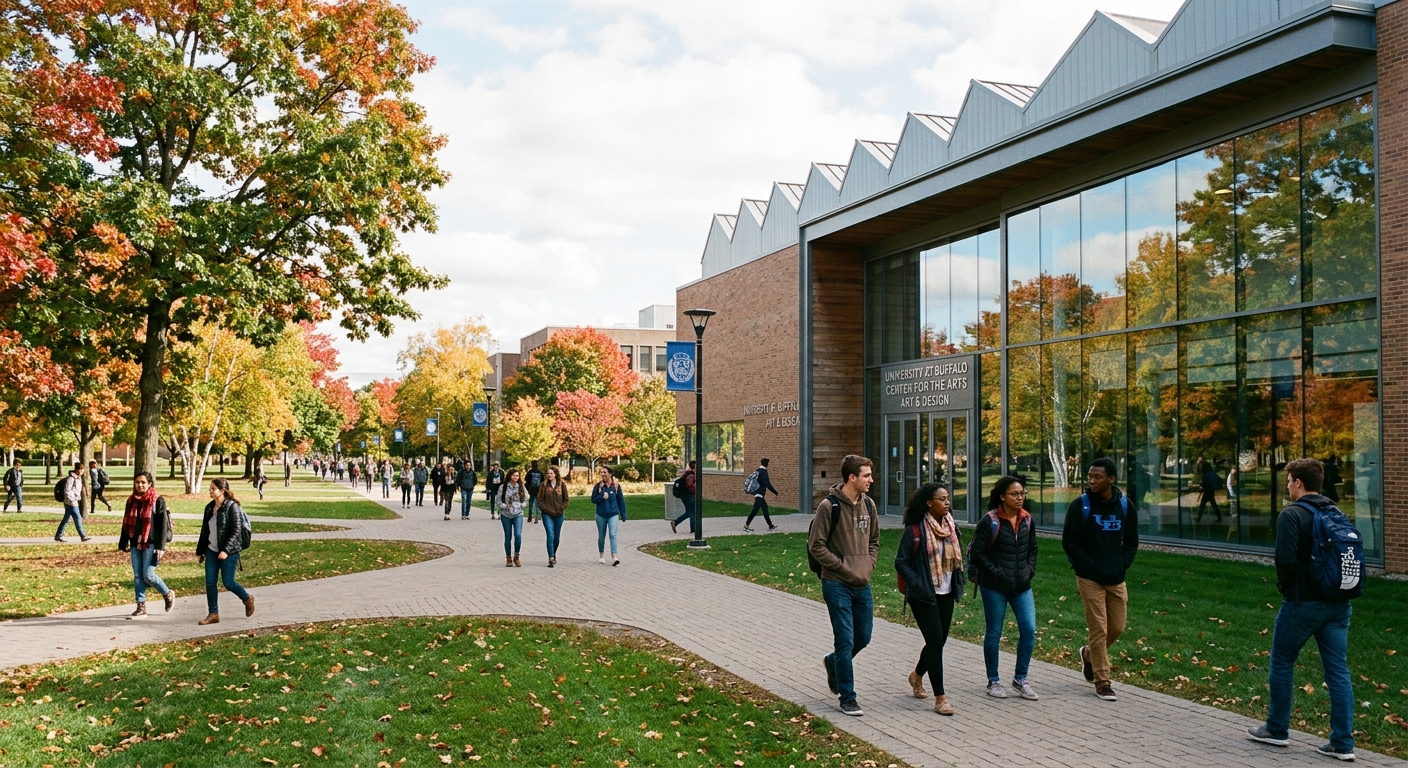 University at Buffalo campus with modern art studio building, students walking through green quad area, contemporary architecture with large glass windows, autumn trees in Buffalo New York