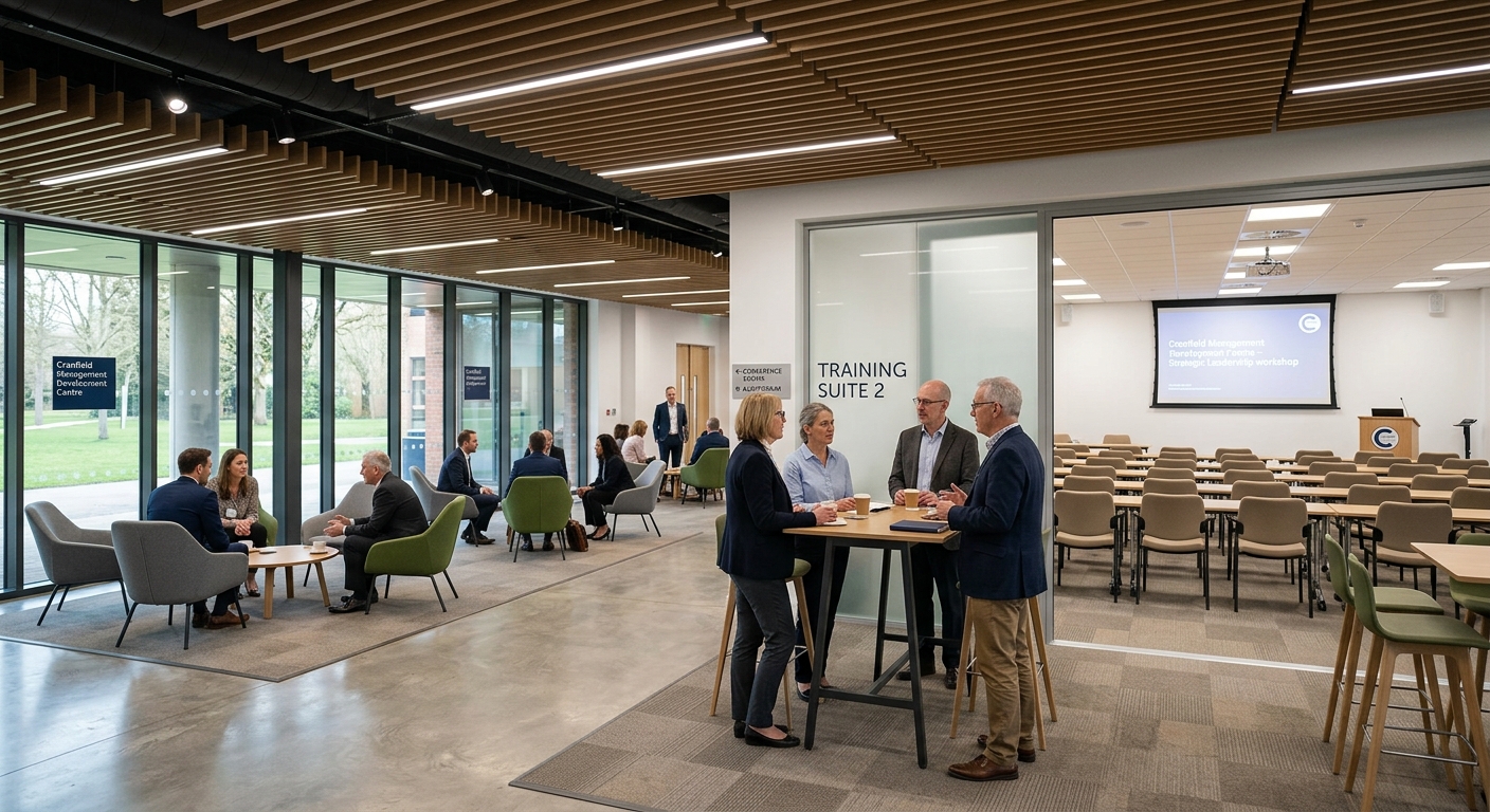 Cranfield Management Development Centre interior, modern conference and training facilities with comfortable seating, professional lighting, and networking spaces