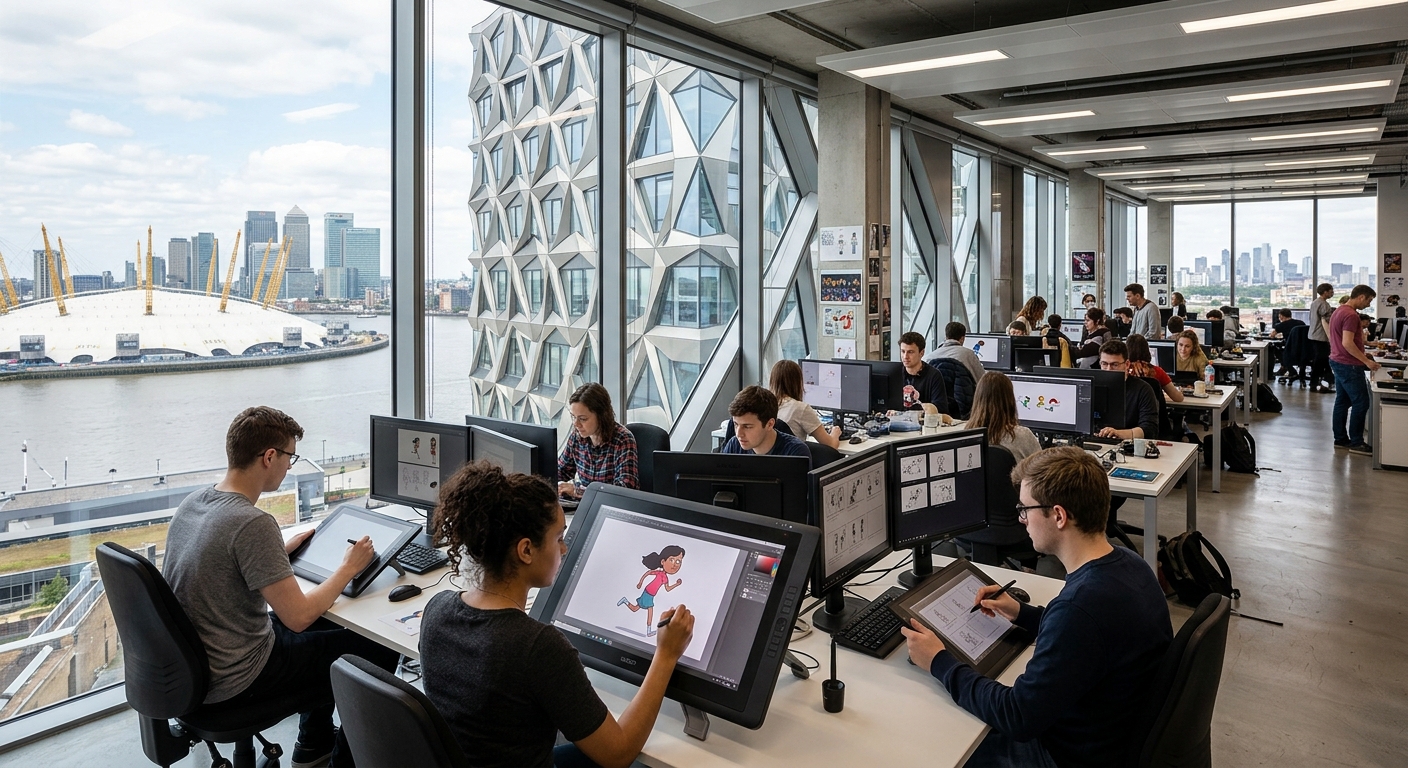 Modern Ravensbourne University London campus building on Greenwich Peninsula with distinctive geometric facade, animation students working in bright open-plan studio spaces with digital drawing tablets and large screens displaying 2D character animations, London skyline and O2 Arena visible through floor-to-ceiling windows