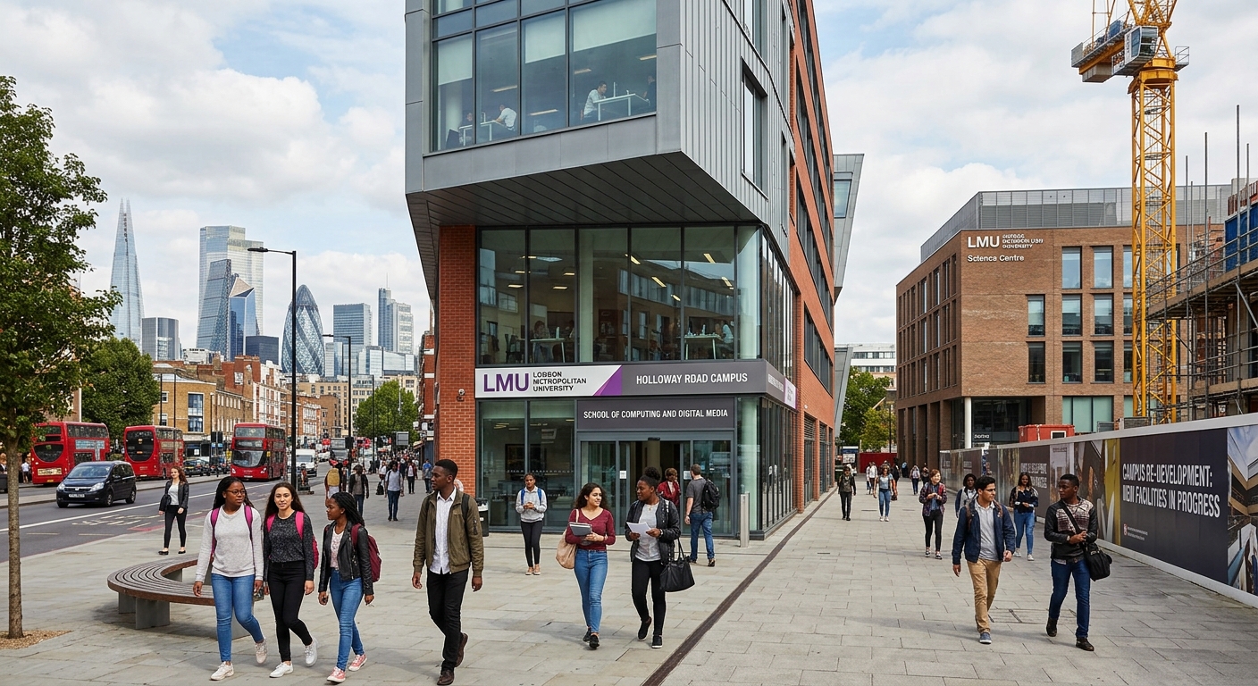 Modern university campus building at London Metropolitan University Holloway campus, with students walking past contemporary architecture, London cityscape visible in background, engineering and construction imagery