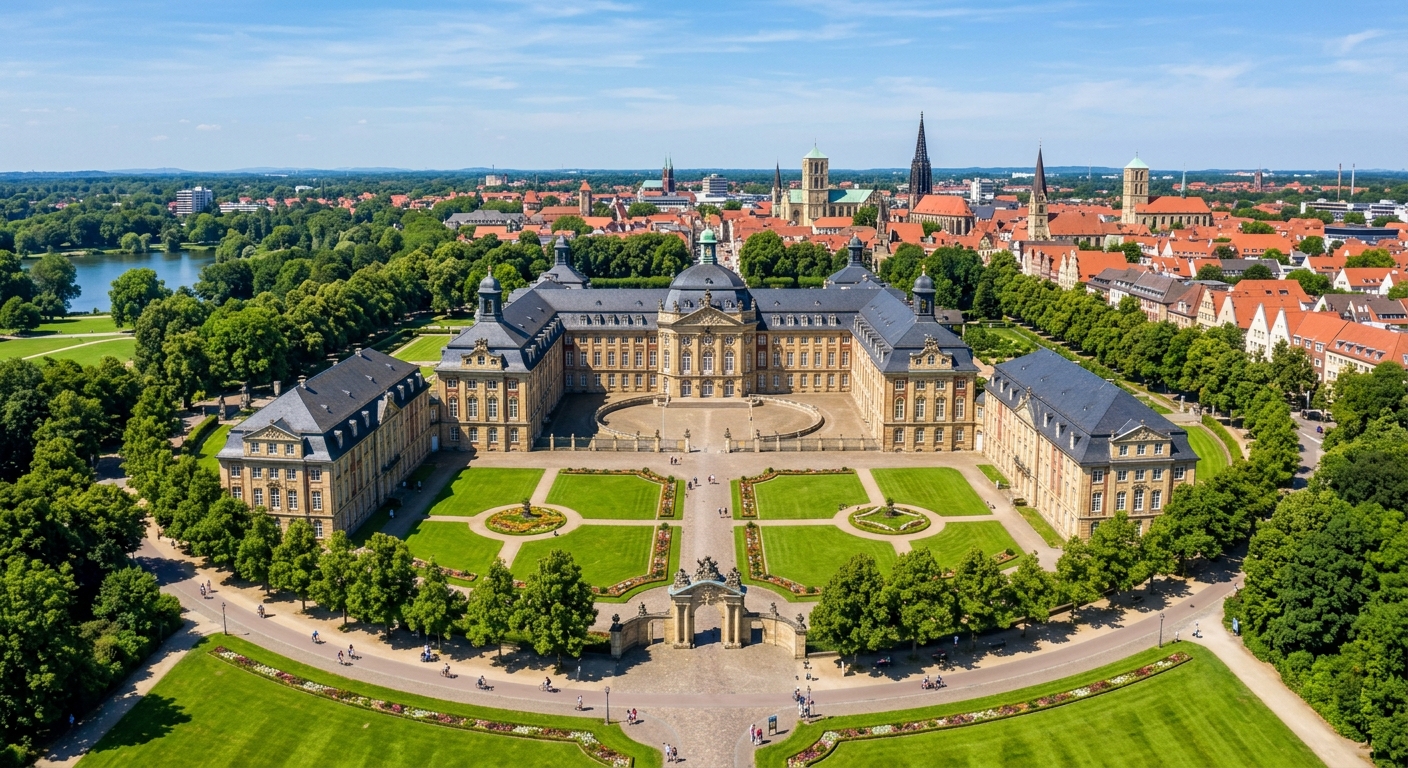 Aerial view of the Münster Schloss (palace) serving as the University of Münster main building, Baroque architecture with symmetrical wings, green lawns and tree-lined promenade in front, city of Münster skyline in the background under a clear blue sky