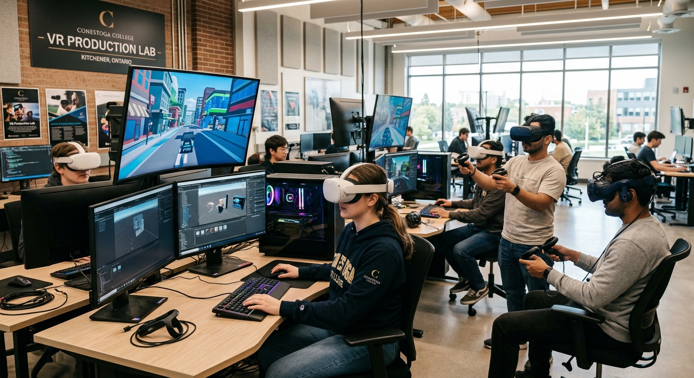 Modern VR production lab at Conestoga College with students wearing virtual reality headsets, working on immersive 3D environments using high-end workstations, LED screens displaying XR content, bright collaborative workspace in Kitchener Ontario Canada