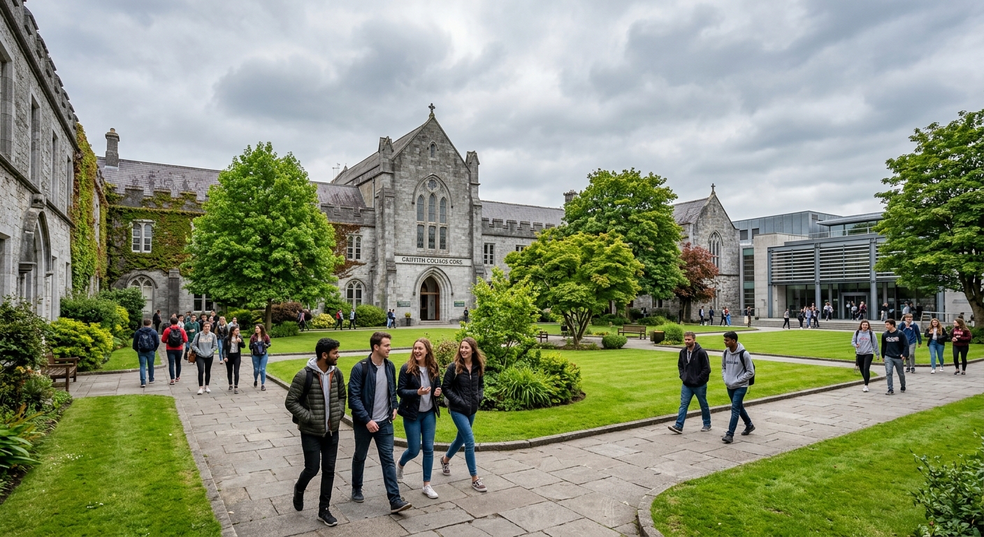 Griffith College Cork campus historic stone building with green courtyard, students walking along pathways, modern lecture halls visible in background, overcast Irish sky with lush greenery