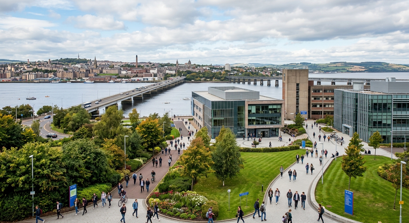University of Dundee campus with modern academic buildings along the River Tay, students walking on pathways surrounded by green spaces, Scottish cityscape in the background under partly cloudy skies